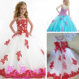 New Arrival Lace Toddler Spaghetti White And Red Tulle Beaded with Handmade Pageant Dresses for Girls Free Shipping 229I