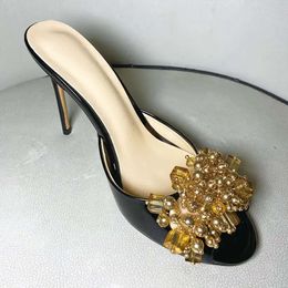 Ladies 2024 women Genuine real leather high heels summer sandals bead Flip-flops slipper slip-on wedding dress Gladiator sexy shoes diamond size 34-43 aa66