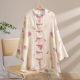 Women's Blouses Linen Printed Buckle Long Sleeve Chinese Style Vertical Collar Top Spring And Summer Loose Plus Size Elegant Casual