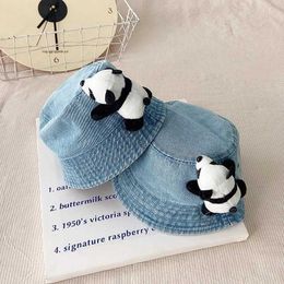 Caps Hats Cartoon Panda Decorative Camping Baby Bucket Hat for Children 6M-4Y Vintage Cotton Wash Denim Fishing Man Hat Leisure Outdoor Sun Hat WX