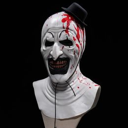 Horror Terrifier Art The Clown Mask Cosplay Creepy Bloody Demon Evil Joker Hat Latex Helmet Halloween Party Costume Props 240517