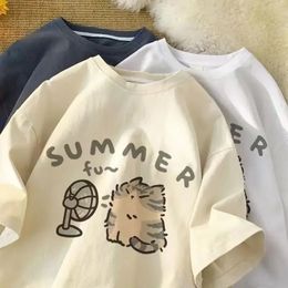 American Street Creative Blow Fan Cat Pure Cotton T-shirt for Men and Women Summer Relaxed Short Sleeve Couple Wear INS Top 240514