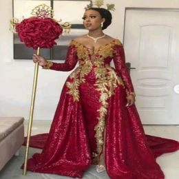 2021 Red Sequins Mermaid Prom Party Dresses Overskirt Train Off Shoulder Long Sleeves Gold Lace Plus Size Formal Evening Occasion Gowns 257x
