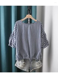 Women's Blouses Back Buttons Up Plaid Batwine Sleeve Drawstring Cotton Summer Top Shirt 2024