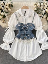 Spring Autumn Blouse Womens Diamond Beaded Puff Sleeve Blusa Top Tassel Pearl Sling Waistcoat Twopiece Stacking Shirt C813 240517