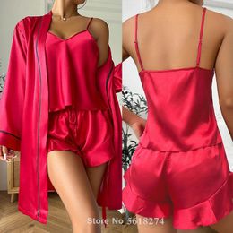 Women's Sleepwear Three-Piece Ladies Pajamas Set Red Suit Ice Silky Summer Smooth Home Clothes Bathrobe&cami&shorts