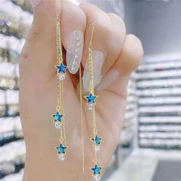 Dangle Chandelier Korean Blue Crystal Five Point Star Long Tassel Earrings Womens Fashion Zircon Earrings Pendant Earrings Jewellery Gifts d240516