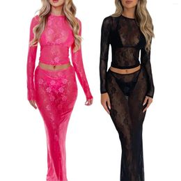 Summer Sexy Women 2 PCS Outfit Bikini Cover-Ups Lace Mesh See-Through Long Sleeve Crop Tops Skirts Set