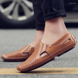 Casual Shoes Men's Hollow Leather Summer Breathable Sandals Genuine Slip-on Loafers Flat Soft Soled Driving