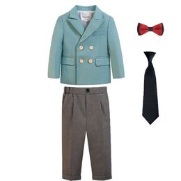 Suits Children Green Jacket Pants Bowtie +Tie 4PCS Photography Suit Kids Wedding Performance Party Dress Boys Formal Ceremony Costume Y240516