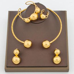 Necklace Earrings Set African 18k Gold Plated Jewellery For Women Choker And With Bangle Ring Round Beads Dubai Accessory