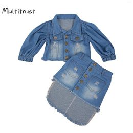 Clothing Sets 2024 Fashion Infant Baby Girls Clothes Denim Blue Long Puff Sleeve Single Breasted Jacket Tops Pencil Skirts 2pcs 1-6Y