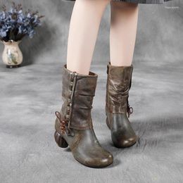 Boots Ladies Retro Women Side Zipper Design Round Toe Winter Genuine Leather Thick Heel Hand Stitched