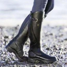 Boots Women Autumn Winter Knee High Female Pleated Buckle Leather Zipper Flat Long Plus Size 35-43 Botas De Mujer