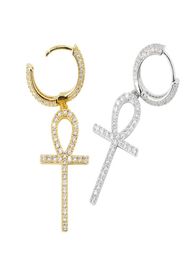 New ICE OUT Hip Hop Ankh cross Earring GoldSilver Color Plated Micro Pave Cubic Zircon Stones Egyptian Key of Life Earrings For w6208440