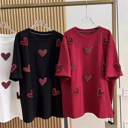 Plus size 3D Love Towel Embroidered Womens T-shirt 150kg XL-4XL Stamped Diamond Womens T-shirt 2024 Summer Short sleeved Top Y2k 240515