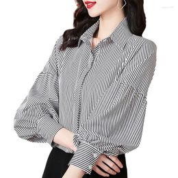 Women's Blouses Striped Temperament Shirts Office Lady Buttons Ladies Fashion Tops Turn-down Collar 2024 Vintage Clothing