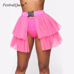 FestivalQueen Neon Mesh Transparent Buckle Skirts for Women Pleated Tulle Loose Patchwork Harajuku Sexy Mini Chic Skirt Night Cl 240517