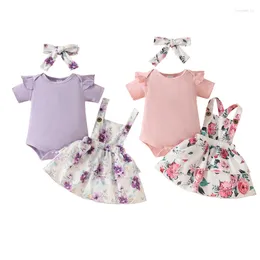 Clothing Sets FOCUSNORM 0-18M Lovely Baby Girls Summer Clothes Ribbed Sleeve Solid Romper With Floral Print Overalls Dress Heaband