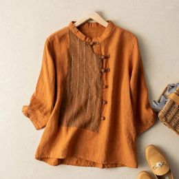 Women's Polos 2024 Vintage Ethnic Style Patchwork Loose Cotton Linen Shirt For Women Simple Three Quarter Sleeve Ladies Blouses Tops Clothes