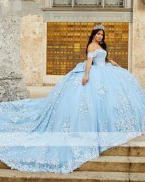 スカイブルーボールガウンQuinceanera Dresses2024 Off Shourdelbeded Aptliques Sweet 16 Dress Vestidos de 15 Anos