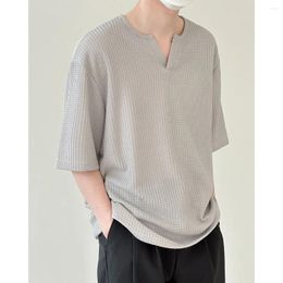 Men's T Shirts Men Clothing Waffle Short Sleeve Shirt Niche Design Loose Casual Breathable Summer Harajuku Small V-neck Tee