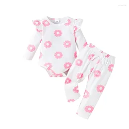 Clothing Sets Spring Infant Baby Girls Pants Long Sleeve Ruffle Floral Print Romper Tops Drawstring Clothes