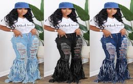 Womens fashion Fringed denim trousers sexy flared jeans pants hole ripped full length leggings pants streetwear Fall plus size Clo2794838