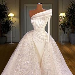 Luxus Perlen Meerjungfrau Brautkleider Brautkleider mit abnehmbarem Zug Eine Schulter Langarm Robe de Soiree Mariage 320Q