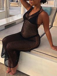 Women Beach Maxi Dress Summer Halter Neck Backless Hollow Out Crochet Cover-ups For Bikini Swimwear 2024 Knitted Long