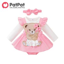 Rompers dress newborn baby girl clothing newborn tight fitting jumpsuit 95% pure cotton embroidered bear jumpsuit with a set at the head d240516