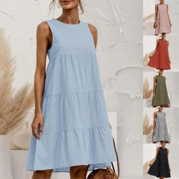 Casual Dresses Solid Sleeveless Sundress Round Neck A Line Ruffles Pleated Mini Dress 2024 Summer Going Out Tanks Pullover Vestido
