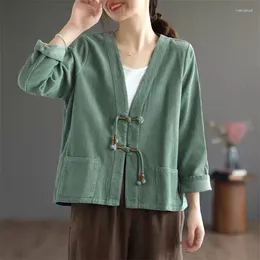 Women's Jackets Spring Solid Color Corduroy Short Coat For Retro Pan Button Large Size Loose Leisure Long Sleeved Top V-Neck Jacket K868