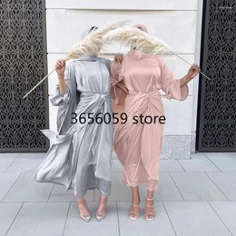 Ethnic Clothing Satin 3pcs Maxi Dress Sets Matching Suit Women Fashion Elegant Muslim Abaya Kimono Inner Wrap Skirt Apron Chiffon Scarf