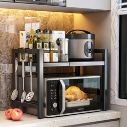 Kitchen Storage Adjustable Spice Standing Organiser Scalable Microwave Oven Rack Thickened 2 Layer Household Metal Holder Racks
