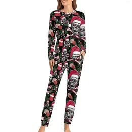 Women's Sleepwear Skull Cross Pyjamas Daily Candy Canes Santa Hat Home Oversized Nightwear Female Long Sleeve Graphic Retro Suit