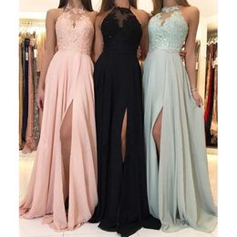 New Elegant Halter Chiffon Long Bridesmaid Dresses Lace Applique Split Wedding Guest Dress Maid Of Honour Dresses 239a