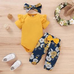 Clothing Sets Born Baby Girls Set Short Sleeve Bodysuit Floral Pants With Bow Headband 3PCS Outfits Toddler Girl