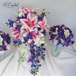 Wedding Flowers PEORCHID Lily Of Valley Bridal Cascade Bouquet Da Sposa Lilies Pink Flower Artificial White Blue Orchids Silk