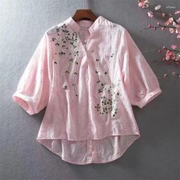 Women's Polos Shirt Embroidered V-neck Half Sleeve Lace Summer Loose Fashion Thin Top Cotton