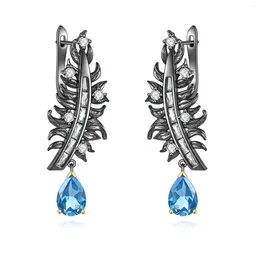 Dangle Earrings C8274 3 Years Plating Lasting Handmade Setting Blue Topaz Black Gun Plated 925 Sterling Silver