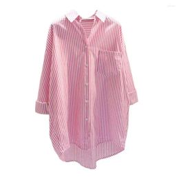 Women's Blouses Women Shirt Lapel Long Sleeve Patch Pocket Stripes Printing Single Breasted Streetwear