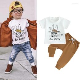 Clothing Sets FOCUSNORM 0-3Y Toddler Baby Boys Easter Day Clothes Short Sleeve Cartoon Letter Print Tops Drawstring Pants