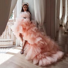 2021 New Cheap Blush Pink Tulle Girls Pageant Dresses Strapless Princess High Low Tiered Ruffles Kids Flower Girls Dress Birthday Gowns 213Y