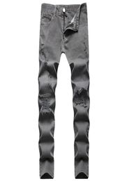 Men039s Slim Fit Hole Grey Jeans Straight Leg Patchwork Ripped Men Denim Pants Regular Cotton Jean Destroyed Pant Hip Hop Casua6563245