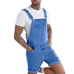 Mens Vintage Jeans Overalls Solid Color Elastic Denim Jumpsuit With Pockets Men Summer Casual Button Suspenders Short Pants 240517