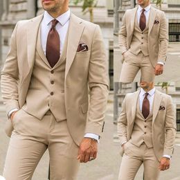 Khaki Groom Wedding Tuxedos 3 Pieces Mens Pants Suits British Soild Colour Prom Party Blazer Coat Jacket Vest Pants 274U