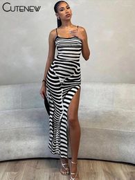 Casual Dresses Cute Women Elegant Maxi Dress Sexy Halter Spaghetti Lady Long Girls Stripe Printed Female Party Robe Streetwear