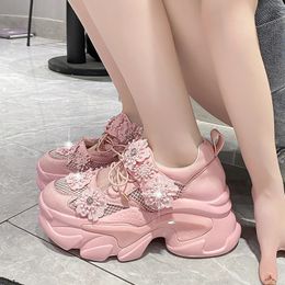 Women Platform Casual Breathable Crystal Flower Shoes Summer Chunky Sneakers 7.5CM Hidden Heels Hollow Leisure Shoes Woman 240516