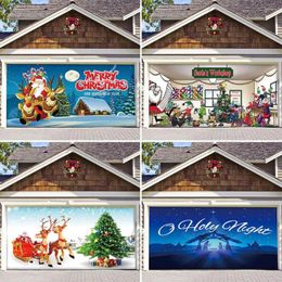 Tapestries Christmas Garage Door Cover With 6 Traceless Nails Banner Merry Holiday Xmas Backdrop Cloth